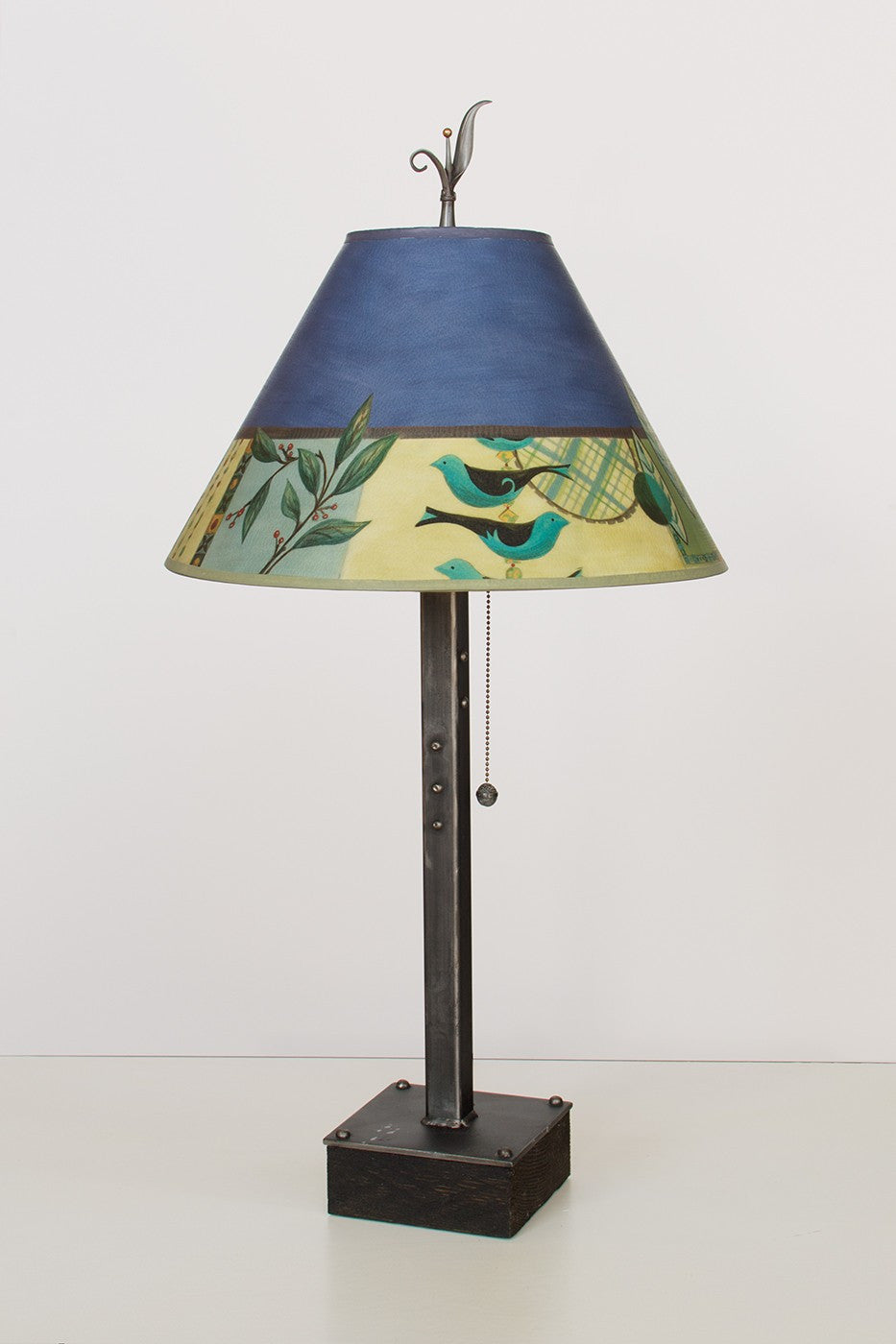 Steel Table Lamp on Wood with Medium Conical Shade in New Capri Periwinkle - True North Gallery