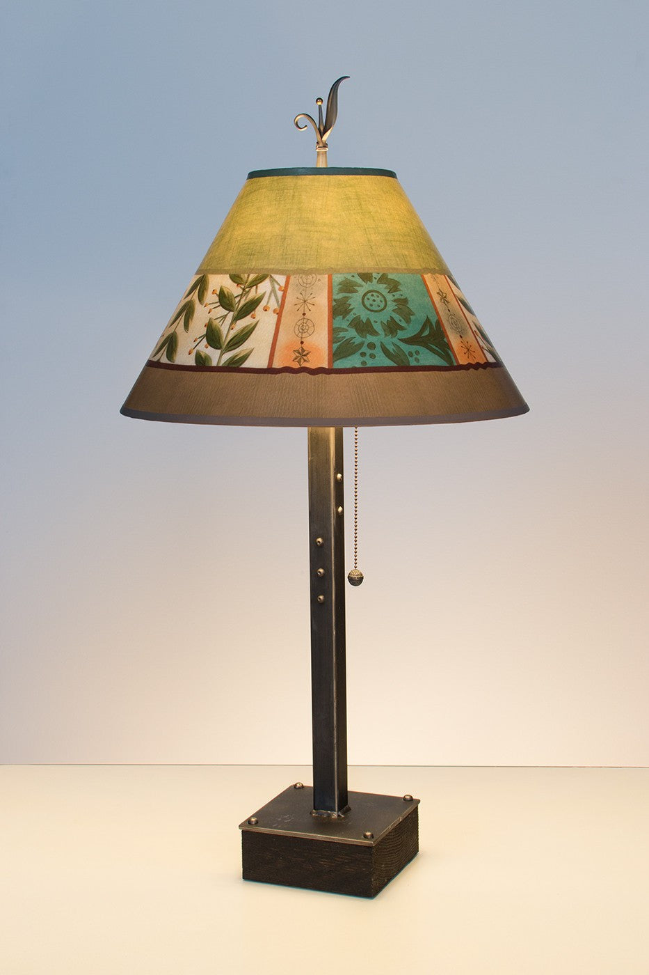 Steel Table Lamp on Wood Base with Large, Conical Shade in "Spring Medley: Apple" Design - True North Gallery