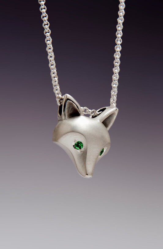 Sterling Silver Fox Pendant with with Tsavorite Garnet Eyes - True North Gallery
