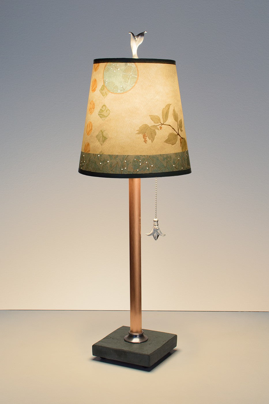 Copper Table Lamp with Small Drum Shade in Celestial Leaf - True North Gallery