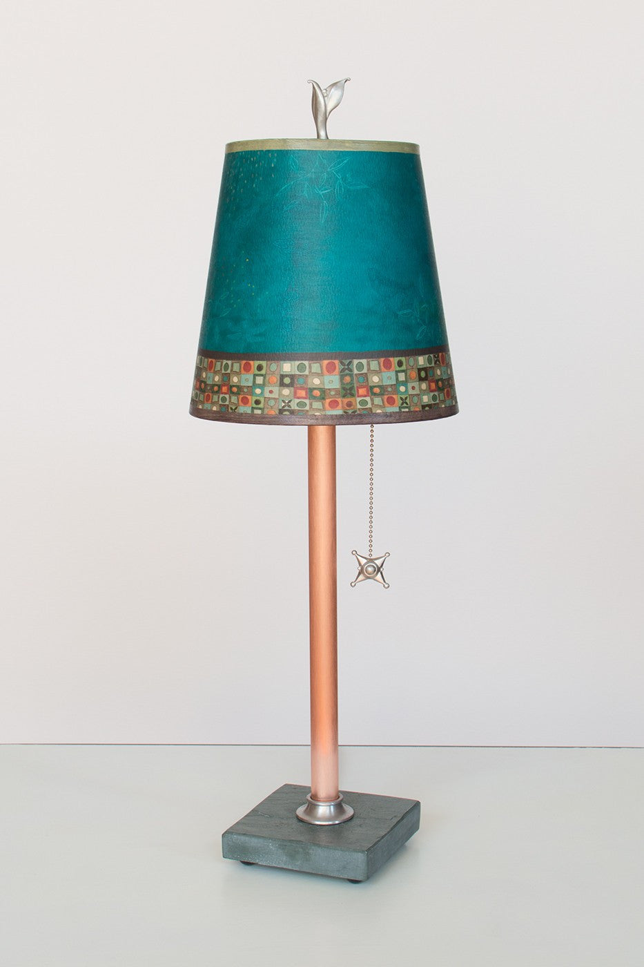 Copper Table Lamp with Small Drum Shade in Jade Mosaic - True North Gallery