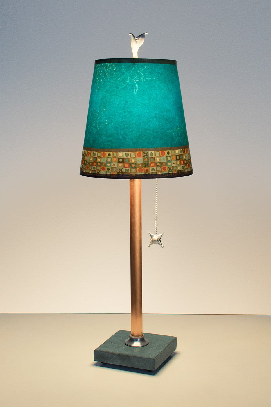Copper Table Lamp with Small Drum Shade in Jade Mosaic - True North Gallery