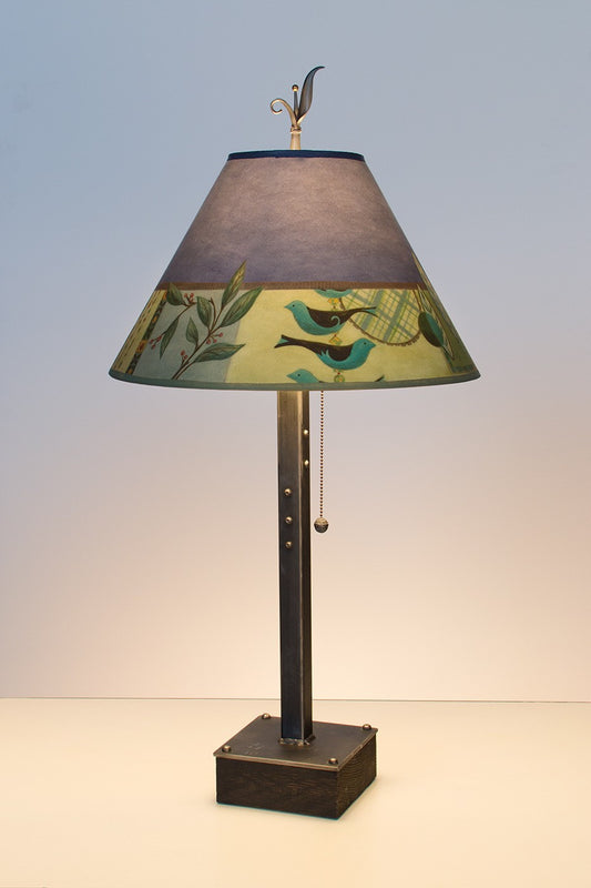 Steel Table Lamp on Wood with Medium Conical Shade in New Capri Periwinkle - True North Gallery